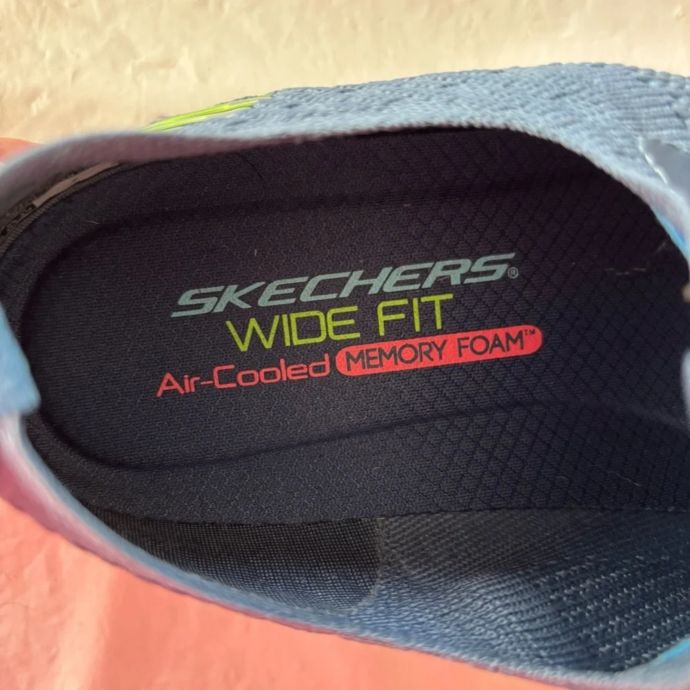 Skechers Flex Appeal 2.0 Stretch Knit Slip-On Sneakers blue pink SZ 6.5 Worn 1X